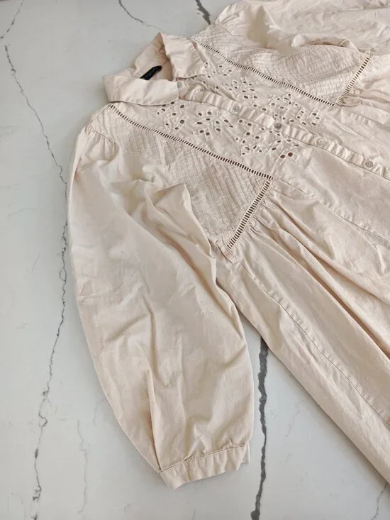 ZARA Embroidered Eyelet Blouse Size L Cream Boho Peasant Top Button Front Tunic - Picture 5 of 14